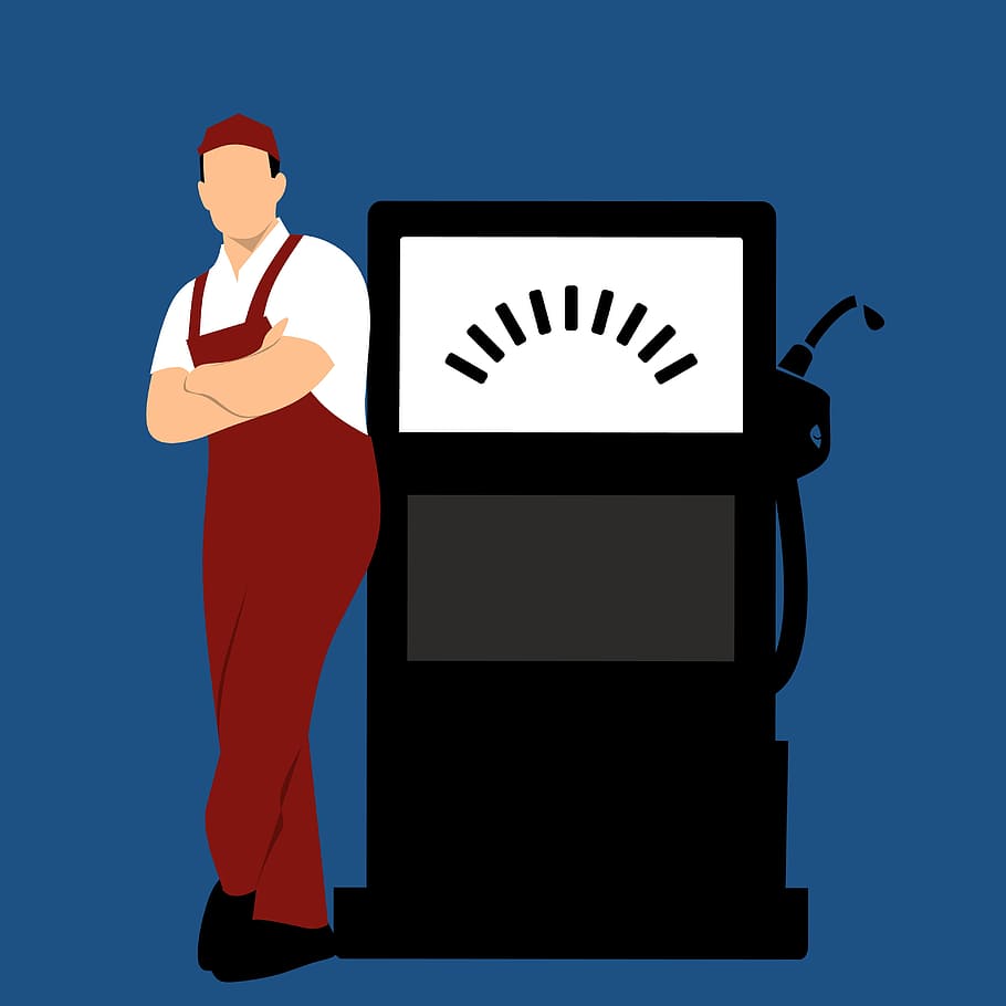 illustration, man, standing, fuel, pump., oil, station, gas, petrol, refuel