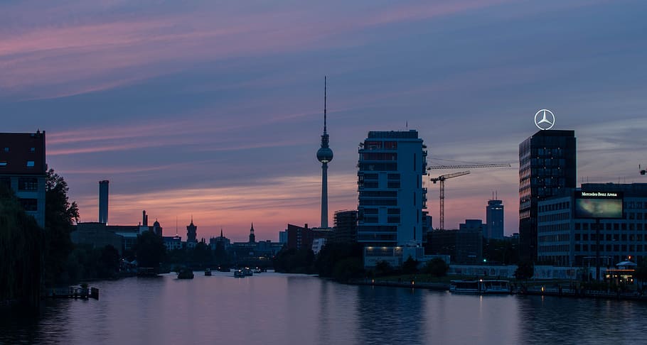 berlin, twilight, sunset, sky, dusk, city, building, waters, abendstimmung, river