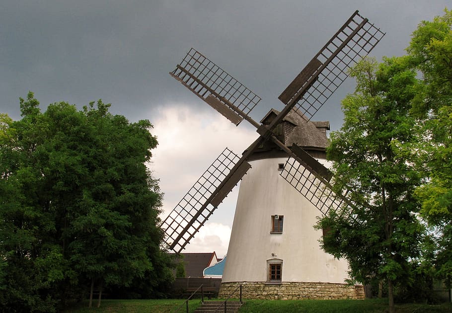 windmill, landscape, rural, storm, renewable energy, alternative energy, tree, wind turbine, turbine, environmental conservation