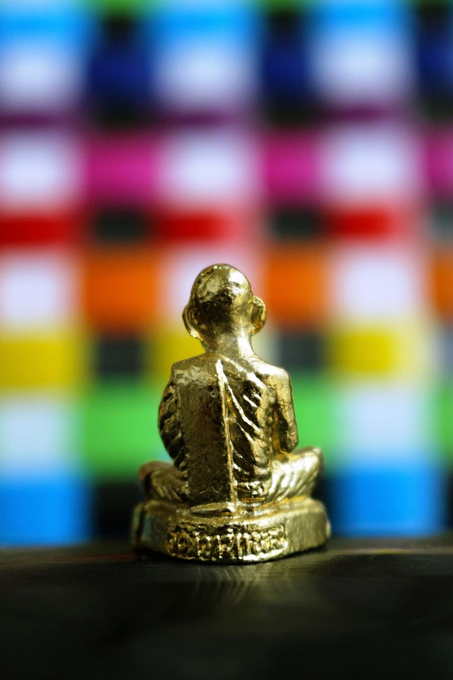 back, view, golden, buddha statue, isolated, bright, multi, colored, checked, background
