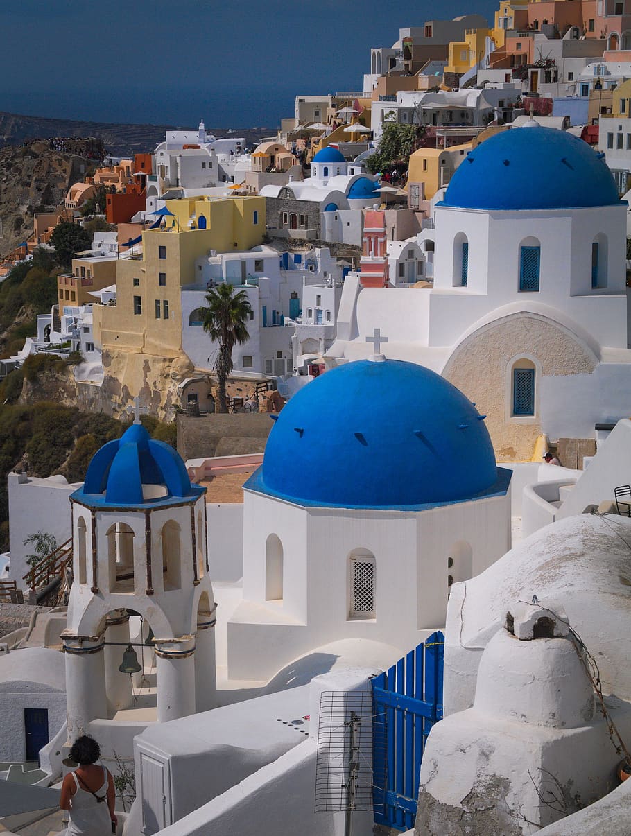 santorini, tradisional, Yunani, Mediterania, biru, liburan, pemandangan, romantis, oia, eksterior bangunan