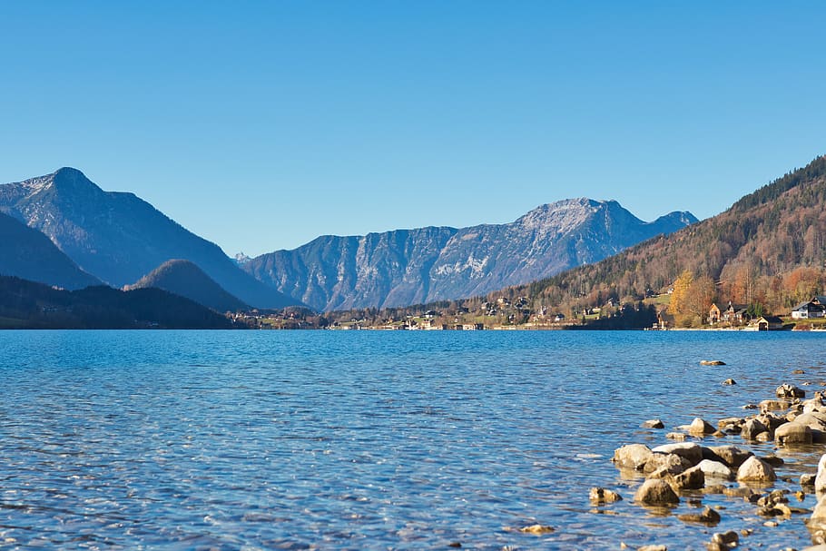 grundlsee, styria, salzkammergut, mountains, austria, lake, waters, panorama, landscape, blue sky
