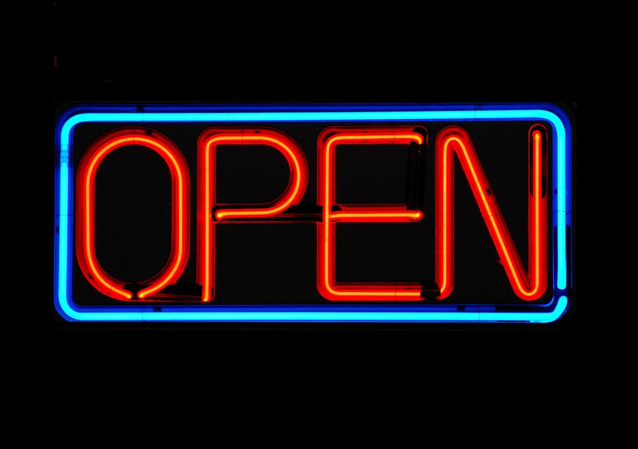open sign, neon, signalise, graphic design, business, sign, letter, writing, bright, store