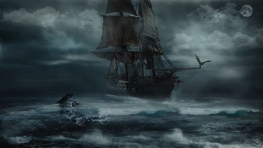 badai, bajak laut, laut, perahu, langit, gelap, perahu layar, burung, air, lautan