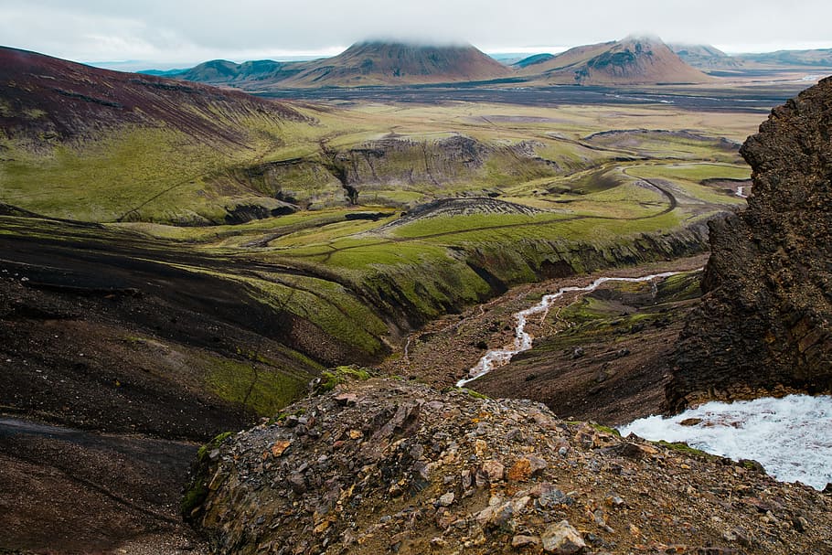 água da geleira, enrolamento, rochoso, paisagem, montanha, Islândia, nuvem, nuvens, geleira, colina