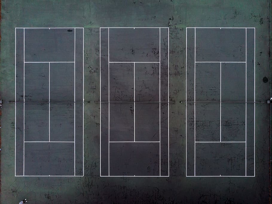 aerial, view, three, tennis courts, parallel, design, game, sun scorched, court, line