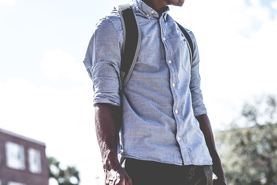 guy, man, fashion, clothing, backpack, african american, bokeh, building, plants, trees