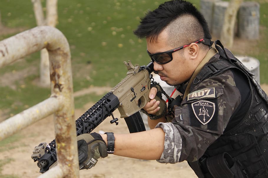 warrior, male, man, empower, mp7, digital marpat, airsoft, mohawk, glasses, one person