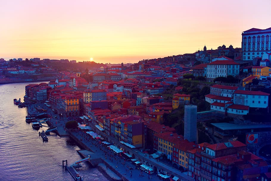 Puesta de sol, -, Porto, viejo, pueblo, puente, norte, Portugal, ciudad, paisaje urbano