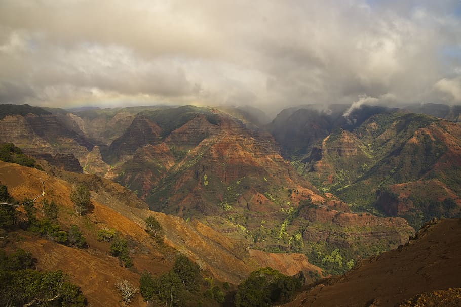 canyon, erosion, volcanic, red, soil, gulch, scenic, kauai, hawaii, clouds