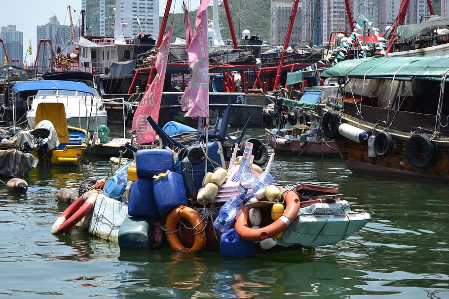 clutter, boat, float, water, trash, junk, collection, rafting, nautical vessel, transportation