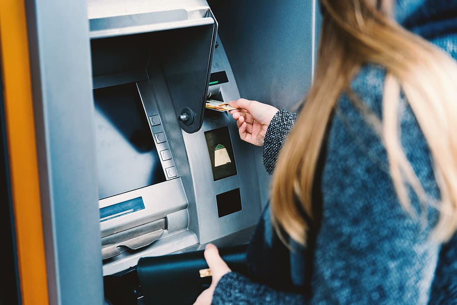 young, woman, withdrawing, money, credit card, atm, women, human hand, adult, hand