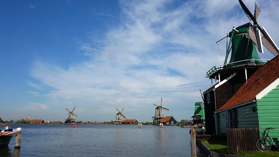 zaanse schans, windmills, tourism, netherlands, holland, holiday, mills, water, wind energy, unesco world heritage site
