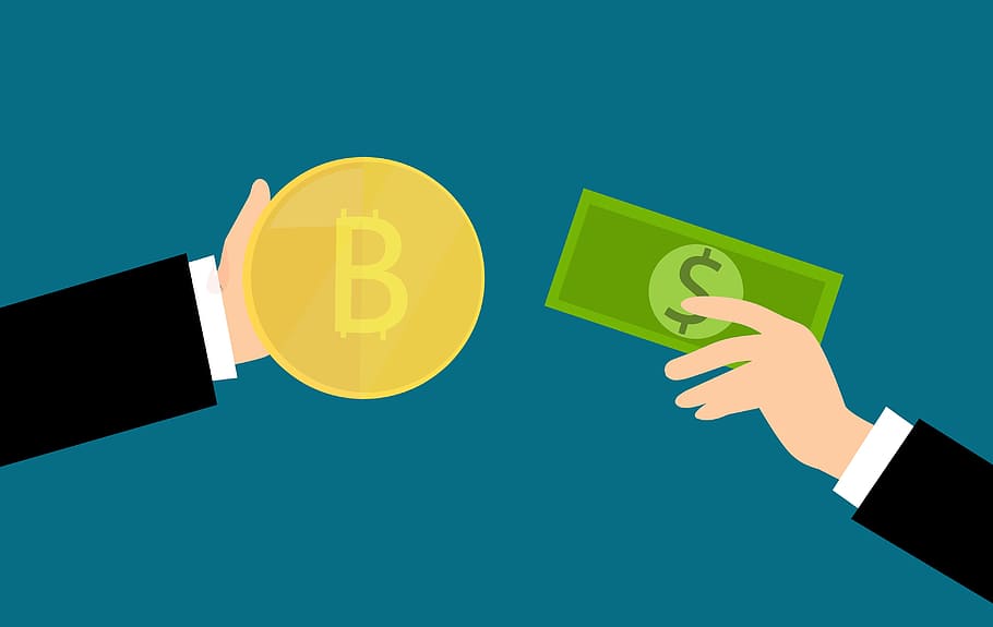 Ilustración, manos, intercambio, criptomoneda bitcoin, regular, dinero en efectivo, dinero, blockchain, bitcoin, banco