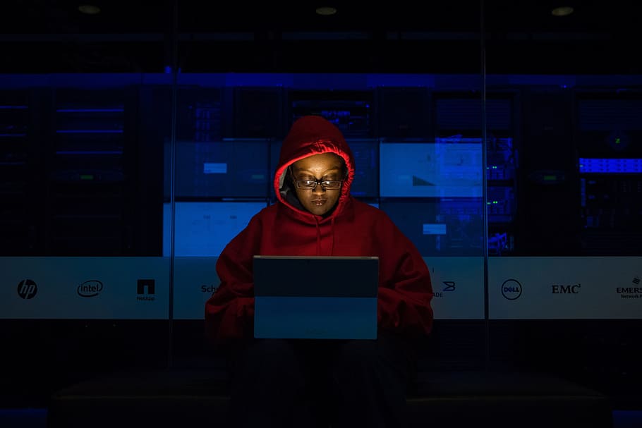 mulher, codificação, escuro, noite, capuz, vermelho, fêmea, computador, programador, trabalho