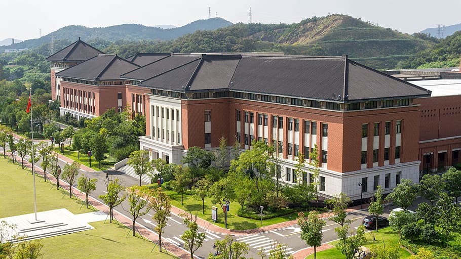 zhejiang university, zhoushan, school, campus, building, red, roof, overlooking the, architecture, building exterior