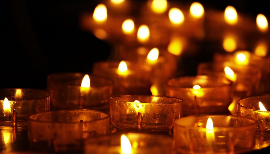 tea lights, candles, candlelight, faith, religion, christianity, flame, commemorate, meditation, prayer