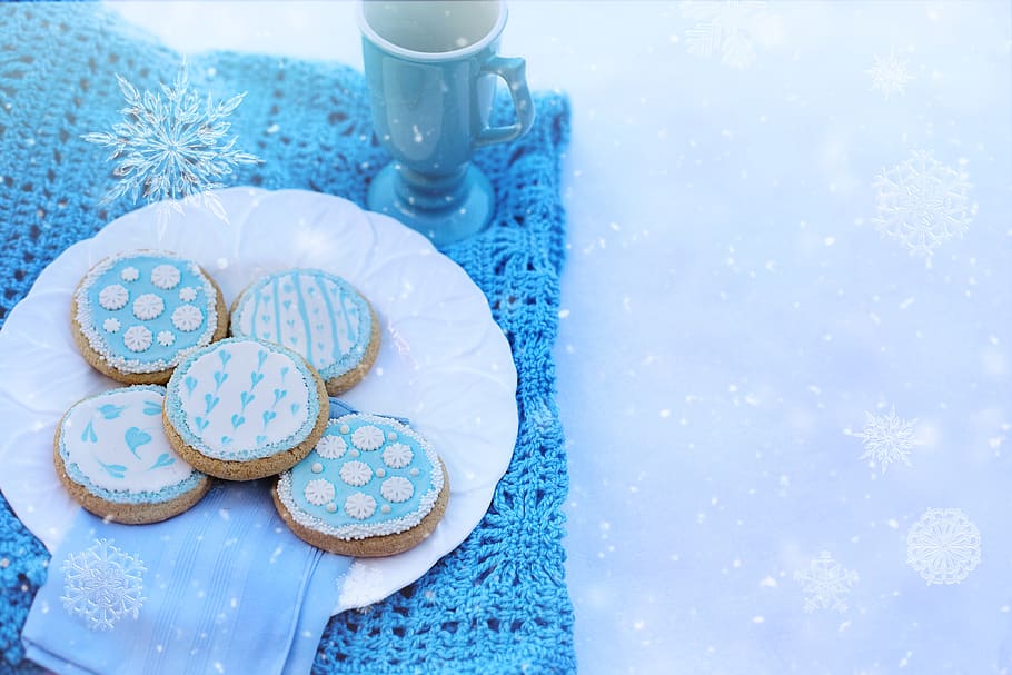 snowflake cookies, winter, cold, snow, snowflakes, tasty, holiday, sweet, light blue, pale blue