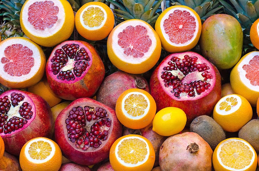 fruits, orange, citrus, juice, vitamins, health, food, pomegranate, grapefruit, healthy eating