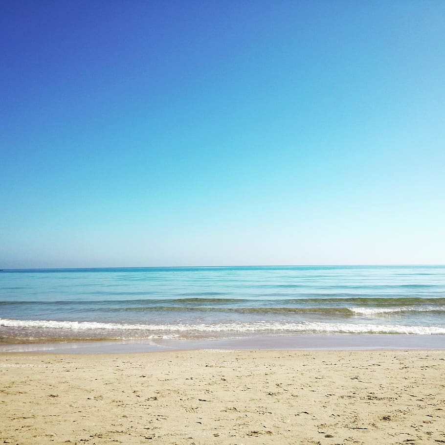 pantai, pasir, langit, lanskap, laut, adalah, horizon, biru, panorama, kosta