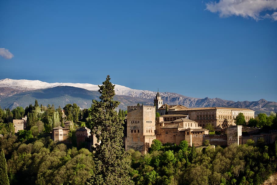 granada, alhambra, spanyol, gunung, struktur yang dibangun, eksterior bangunan, Arsitektur, pohon, langit, menanam