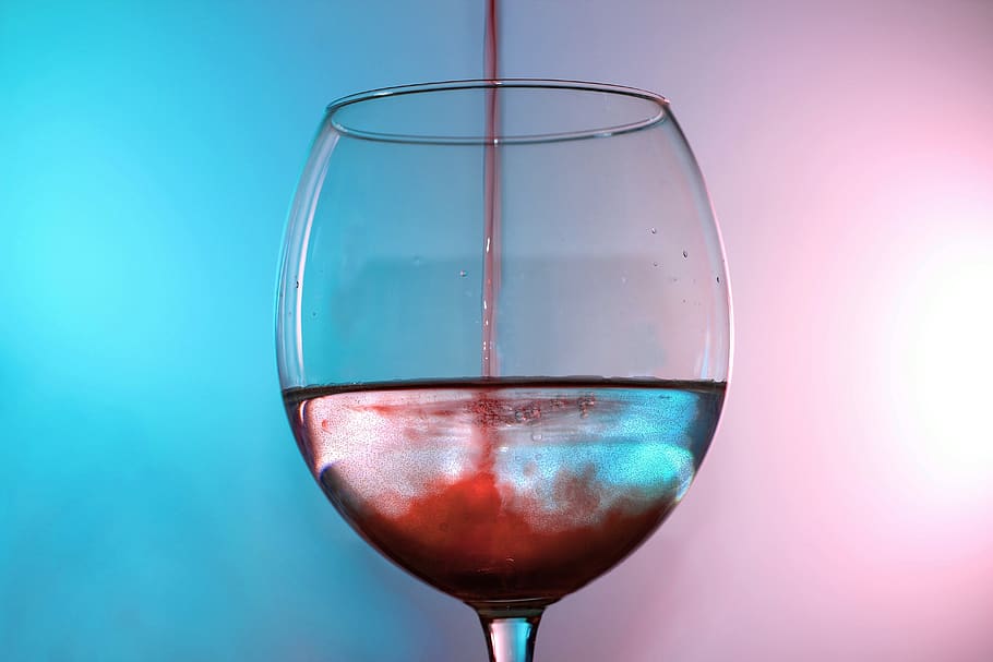 gelas, anggur, air, campuran, warna, permainan warna, merah, anggur merah, minuman, gelas anggur