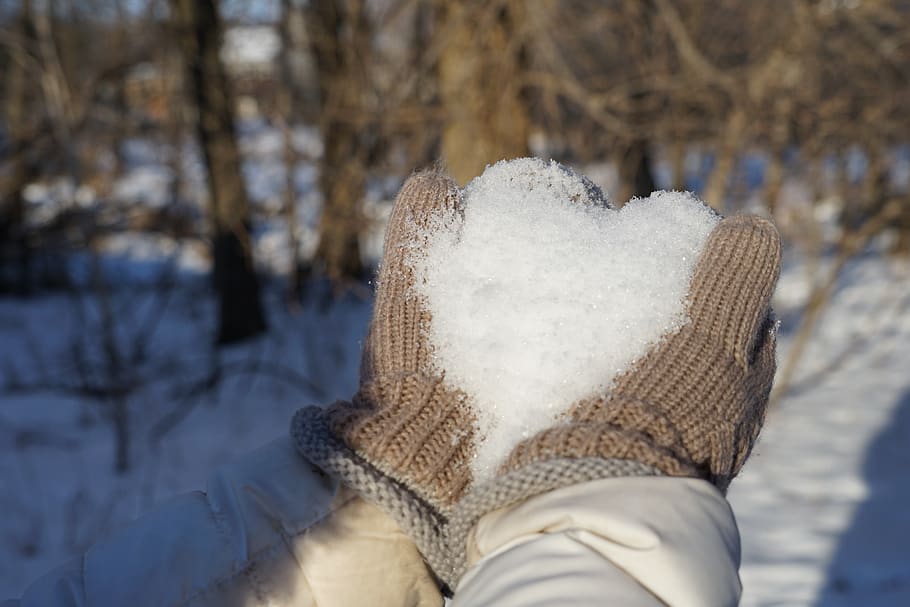 winter, snow, cold, nature, frost heart, valentines, mittens, white, hands, february