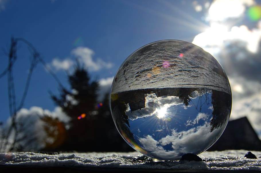glass ball, winter, sky, sun, sunbeam, mirroring, reflection, light, lighting, mood