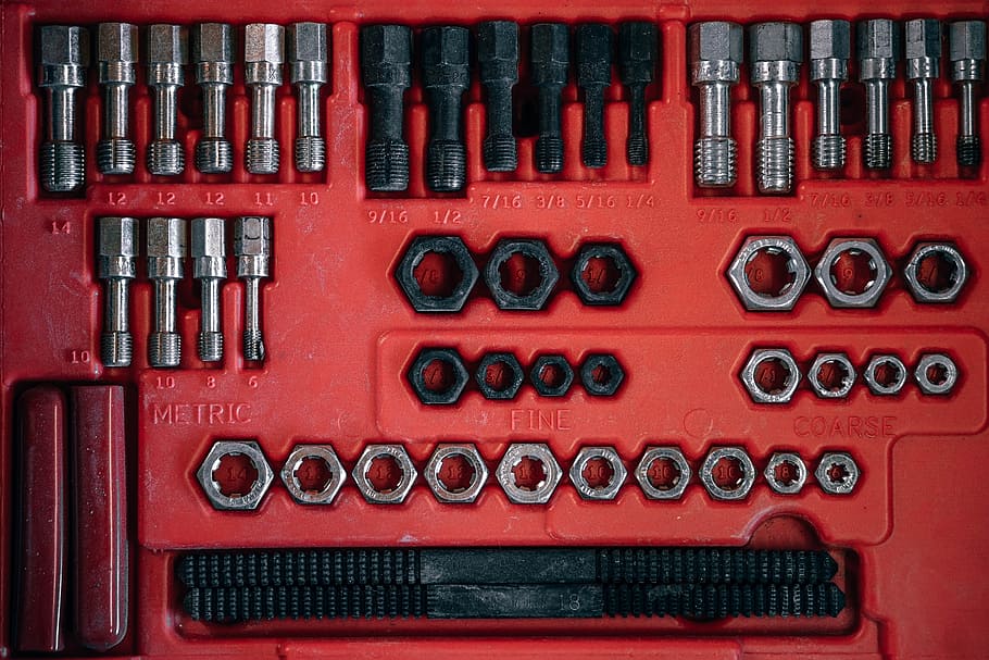 handy repair toolbox, red, close-up, metal, indoors, full frame, backgrounds, technology, large group of objects, control