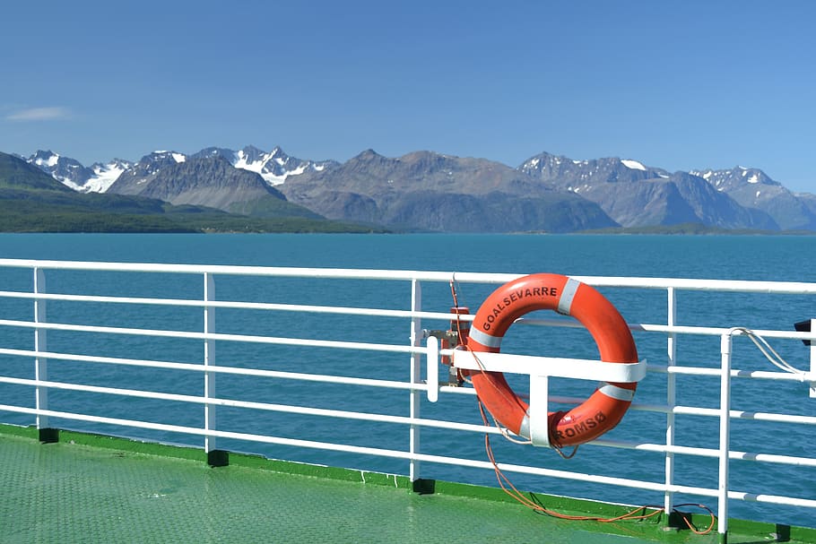 norway, ferry, ship, cruise, blue, sea, mountains, mountain, life belt, safety