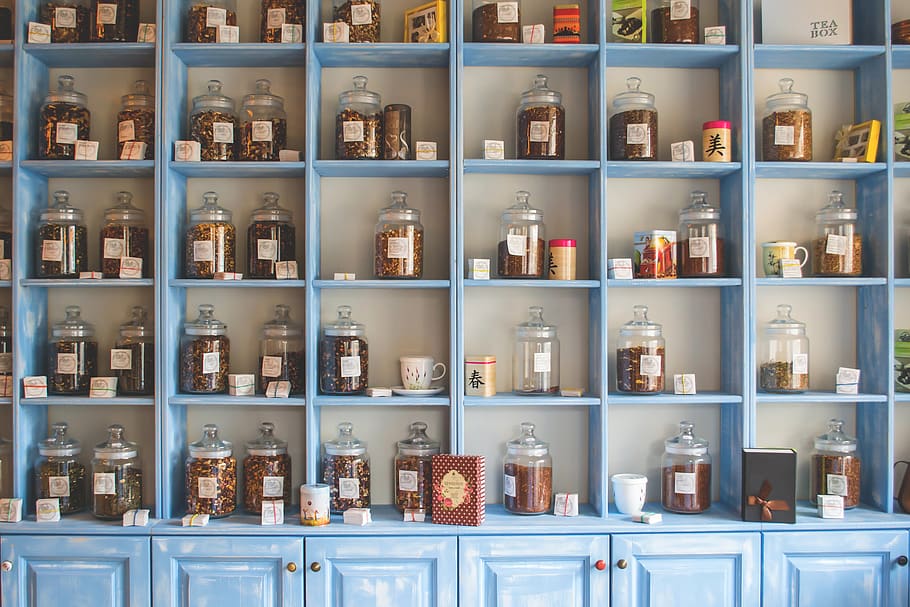 shelf, store, shop, chinese, jars, herbs, herbal, indoors, natural, stock