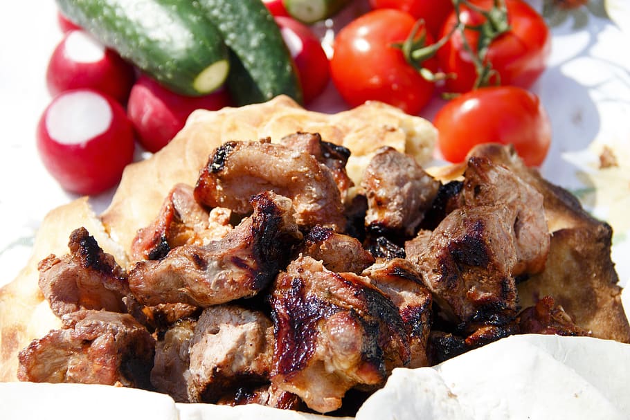grill, meat, shish kebab, bbq, nutrition, beef, lunch, tasty, tomato, pork