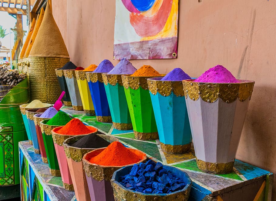 acciones, venta, mercado, tienda, marrakesh, especias, colores, brillante, puesto, compras