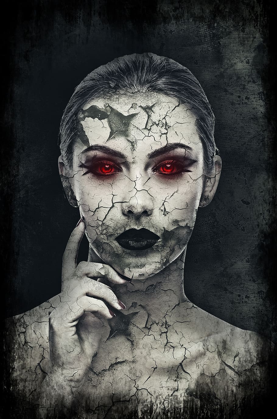 girl, woman, face, female, spooky, creepy, weird, scary, cracked, red