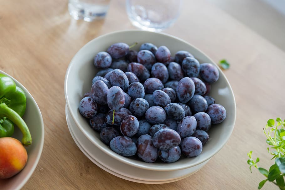 plums, bowl, kitchen, food, food and drink, healthy eating, wellbeing, freshness, fruit, table