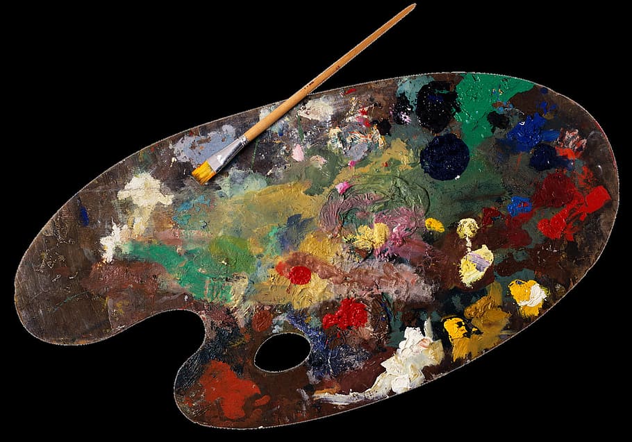palette, paint, painting, art, color, colorful, object, multi colored, art and craft, black background