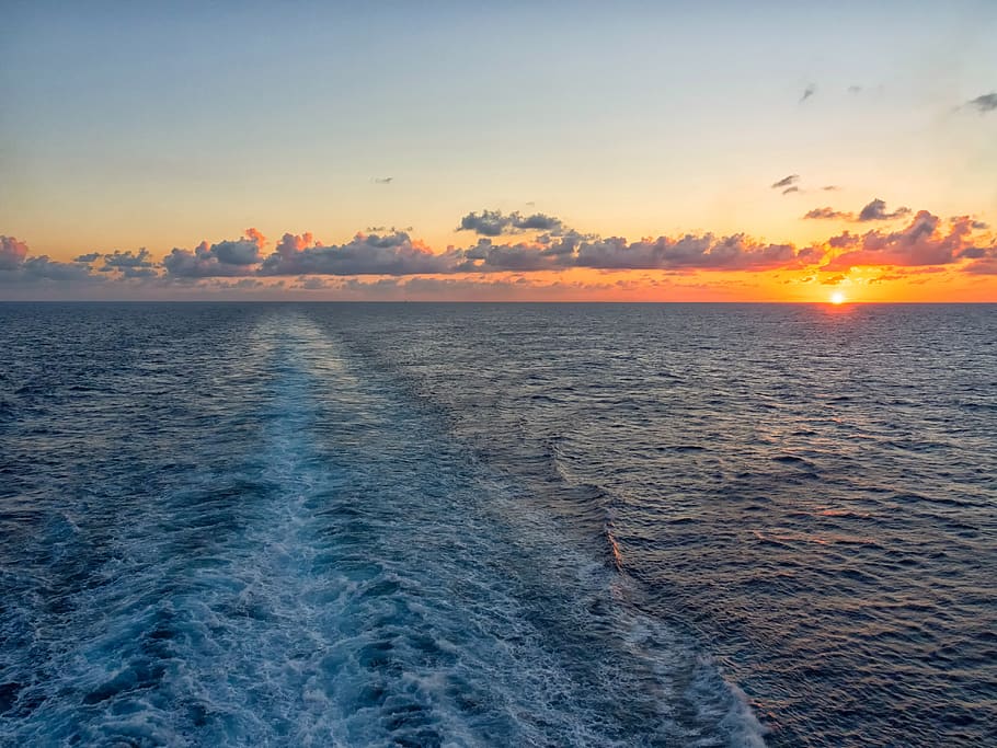 puesta de sol, crucero, océano, nubes, barco, estela, ola, atlántico, náutico, mar