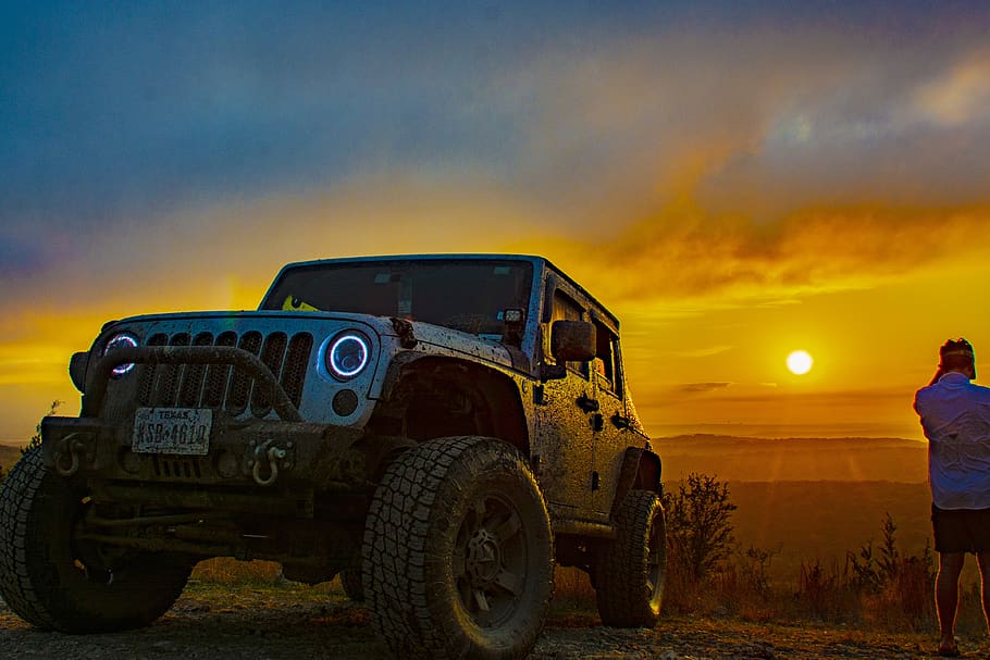 jeep, outdoors, sunset, 4x4, adventure, moutain, lake, good time, sky, mode of transportation