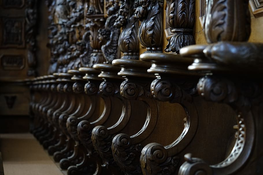 choir stalls, church, carving, artwork, monastery, the monastery of st, indoors, in a row, large group of objects, close-up