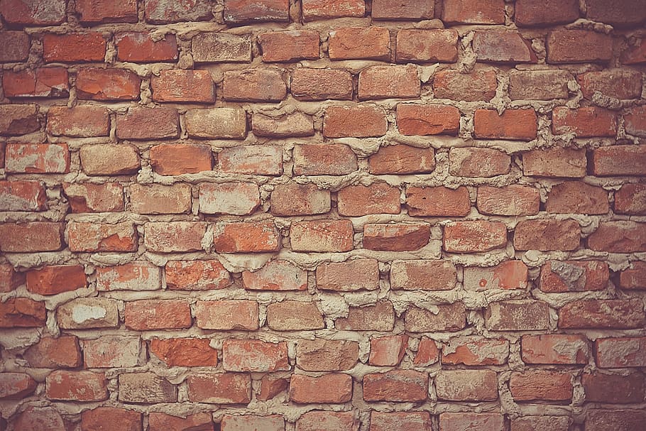 wall of bricks, bricks, wall, red, brick wall, plaster, grout, mortar, brick, full frame