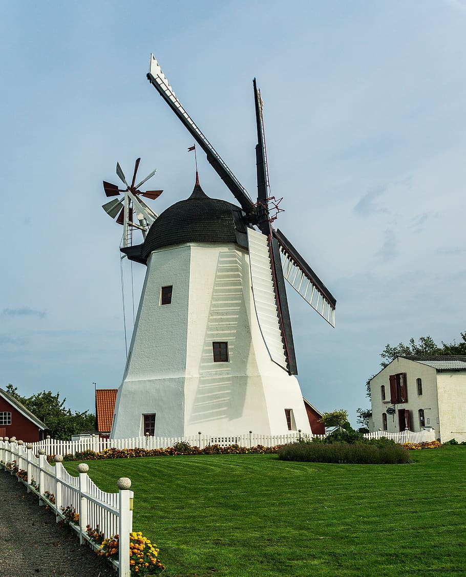 windmill, garden, house, fence, tower windmill, meadow, vacations, travel, bornholm, åkirkeby