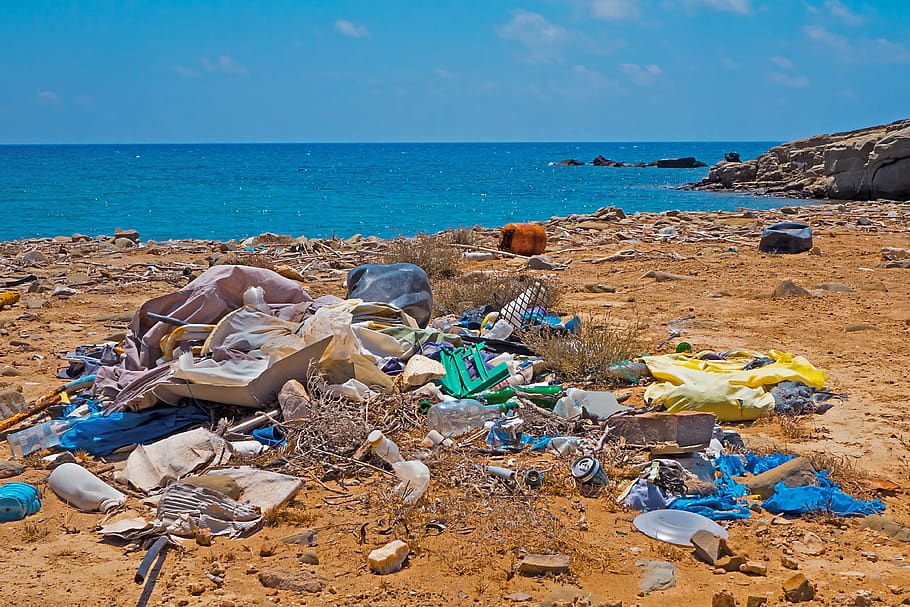 lixo, lixo plástico, praia, pecado ambiental, poluição, rhodes, grécia, jogado fora, lavado na, mar