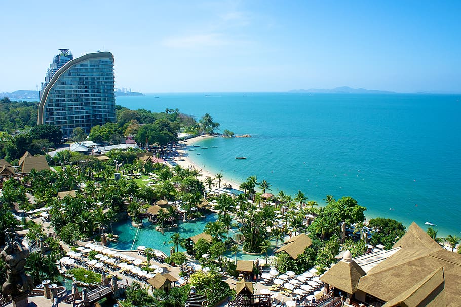 thailand, pattaya, centara grand mirage hotel, water, built structure, building exterior, architecture, sea, tree, plant