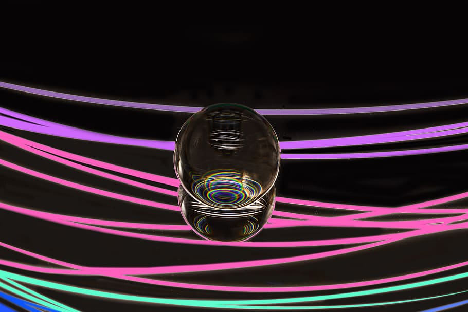 light painting, glass ball, pave, mirroring, crystal ball-photography, reflection, studio shot, sphere, indoors, close-up