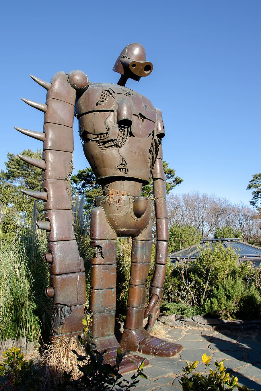 robot soldier, statue, life-size, sculpture, figure, copper, copper plate, ghibli museum, anime, animation