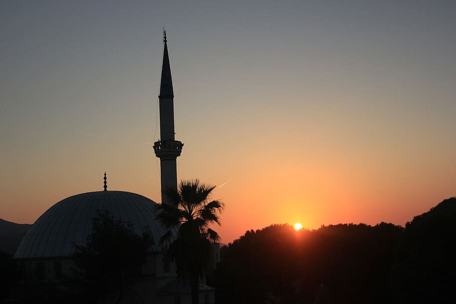 cami, sunset, minaret, sky, mosquée, mosque, muslim, culture, religion, religious