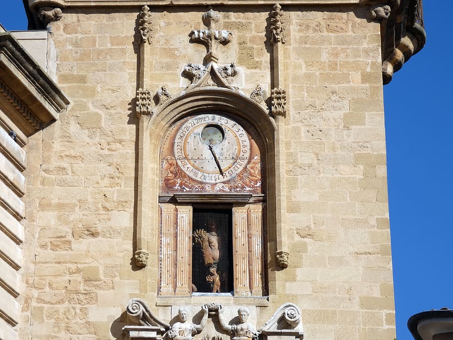 aix-en-provence, belfry, clock, astronomical, characters sculptures, architecture, tower, built structure, building exterior, low angle view