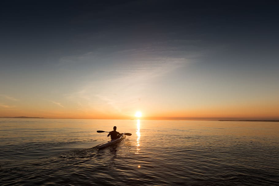 kayak, lake, water, sunset, horizon, dusk, sky, landscape, nature, outdoors