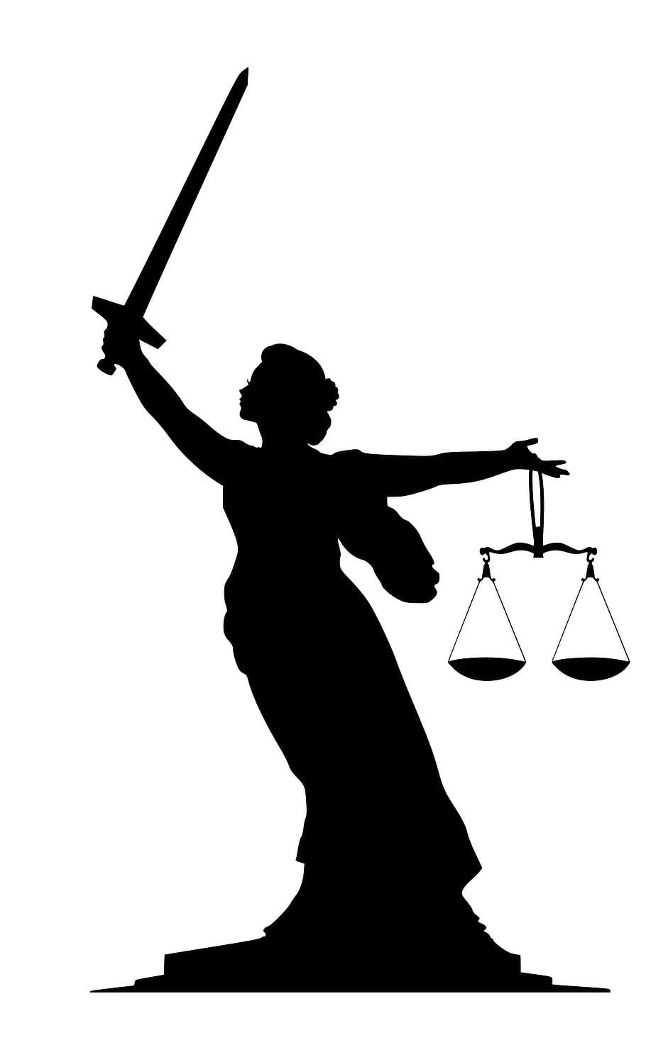 silueta, señora justicia, planteado, espada., señora, justicia, legal, escalas, ley, crimen