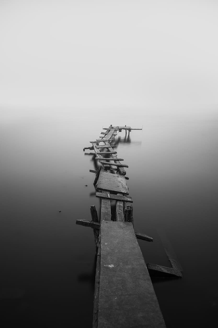 calm, dock, fog, jetty, mist, monochrome, ocean, pier, placid, rickety